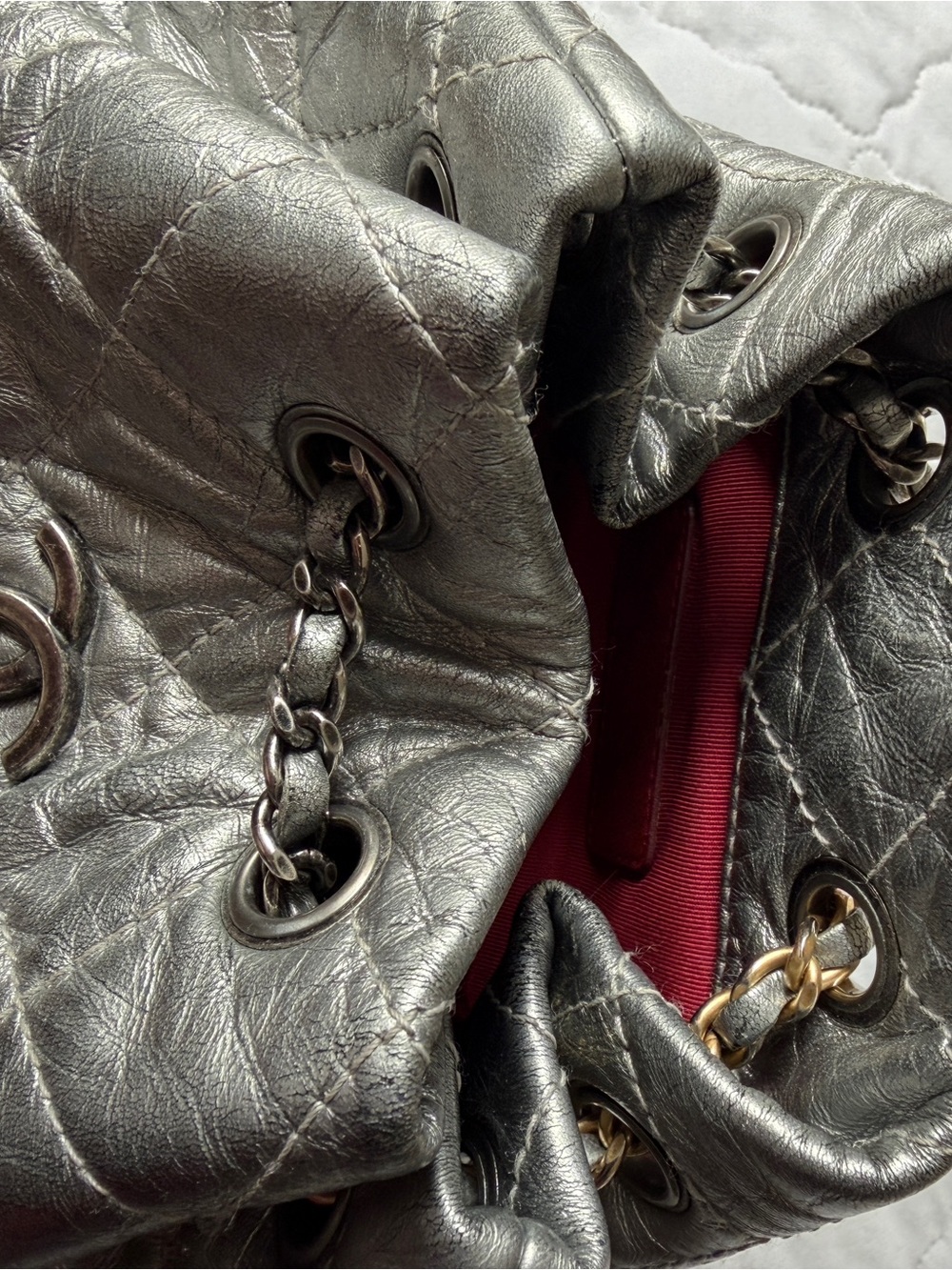 CHANEL Silver Backpack Quilted Drawstring Shoulder with Mixed Metal Chain - Picture 5 of 12